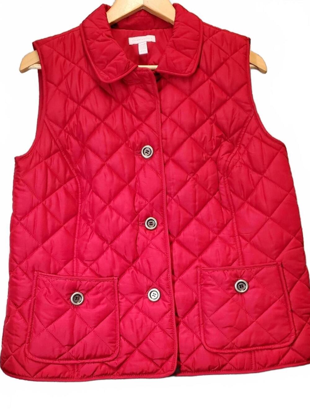 CHARTER CLUB Women’s Red Quilted Puffer Vest Button Front Pockets Size LCharter